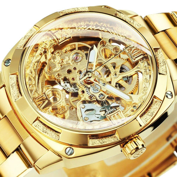 Transparent Skeleton Gold Watch for Men Mechanical Wristwatches